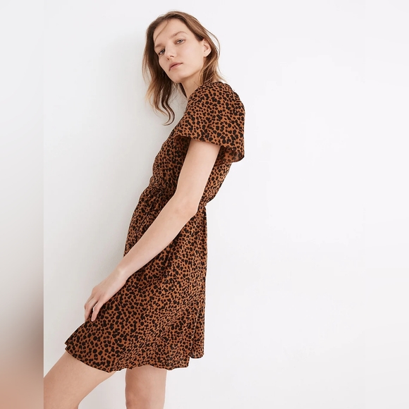 Madewell Flutter-Sleeve Wrap Mini Dress in Painted Leopard - Picture 3 of 9